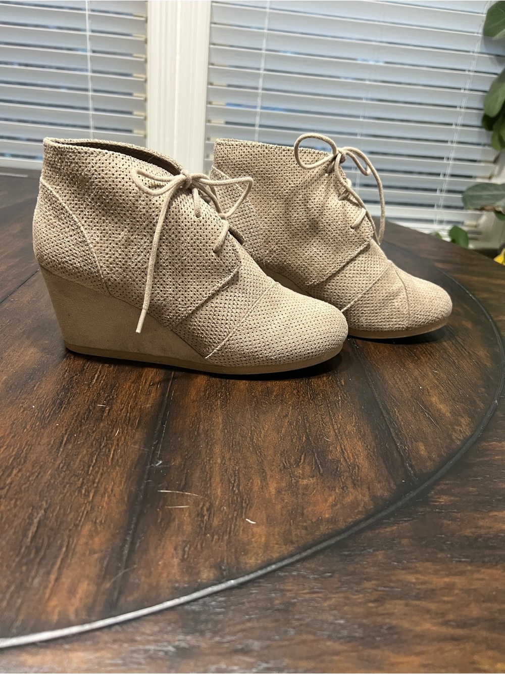 Unr8ted Taupe Lace-Up Wedge Ankle Bootie, Round Toe Comfort Canvas Women US 7.5
